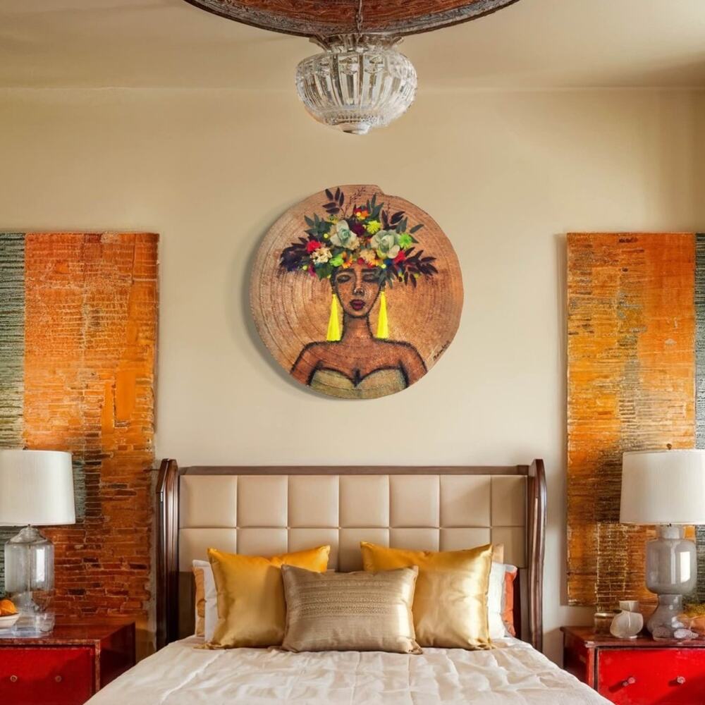 Bohemian Floral Crown Portrait – Hand-Painted Wall Art with 3D Flower Accents